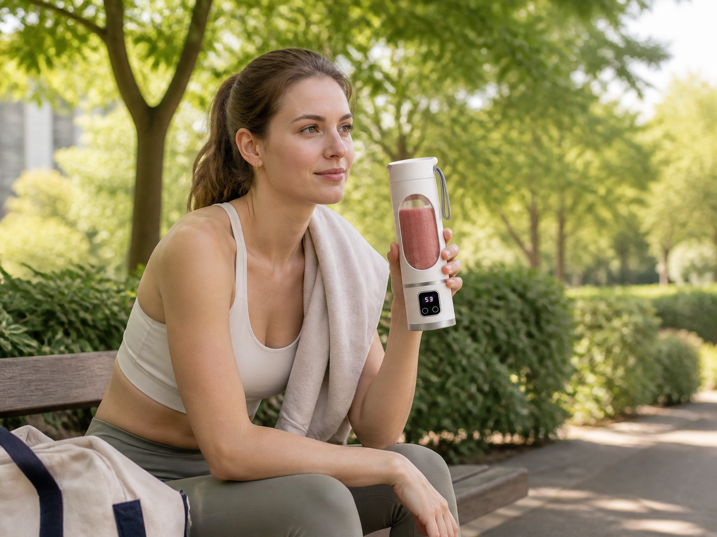 Woman holding the portable blender in a park