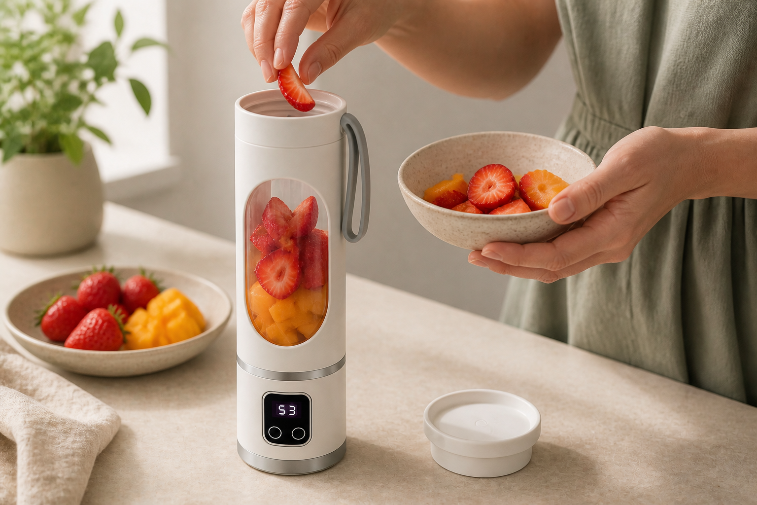 Soft fruit being added to the portable blender