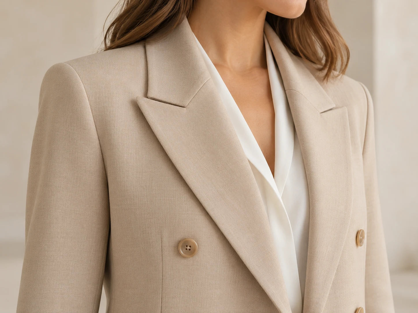 Tailored Blazer, Oat: Lapel detail; AI design preview, not verified merchandise evidence