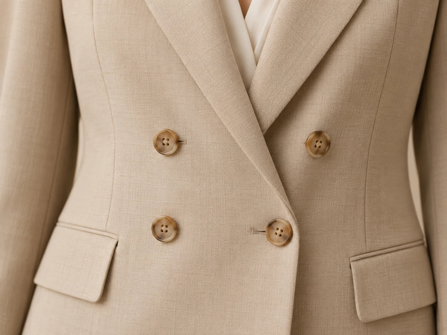 Tailored Blazer, Oat: Fastening concept; AI design preview, not verified merchandise evidence