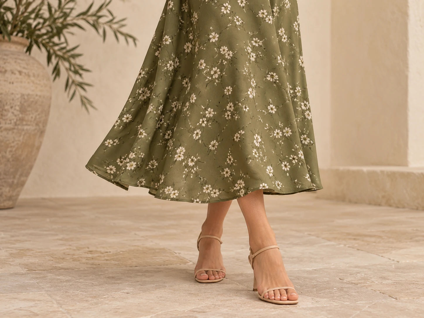 Floral Slip Dress, Olive floral: Hem detail; AI design preview, not verified merchandise evidence
