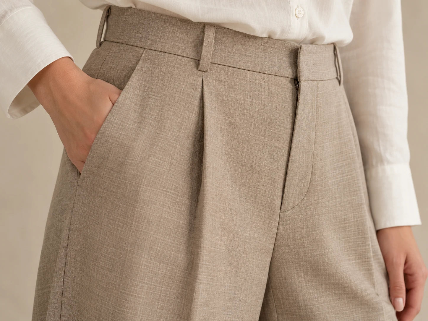 Taupe Wide Leg Trousers, Sand taupe: Waistband detail; AI design preview, not verified merchandise evidence