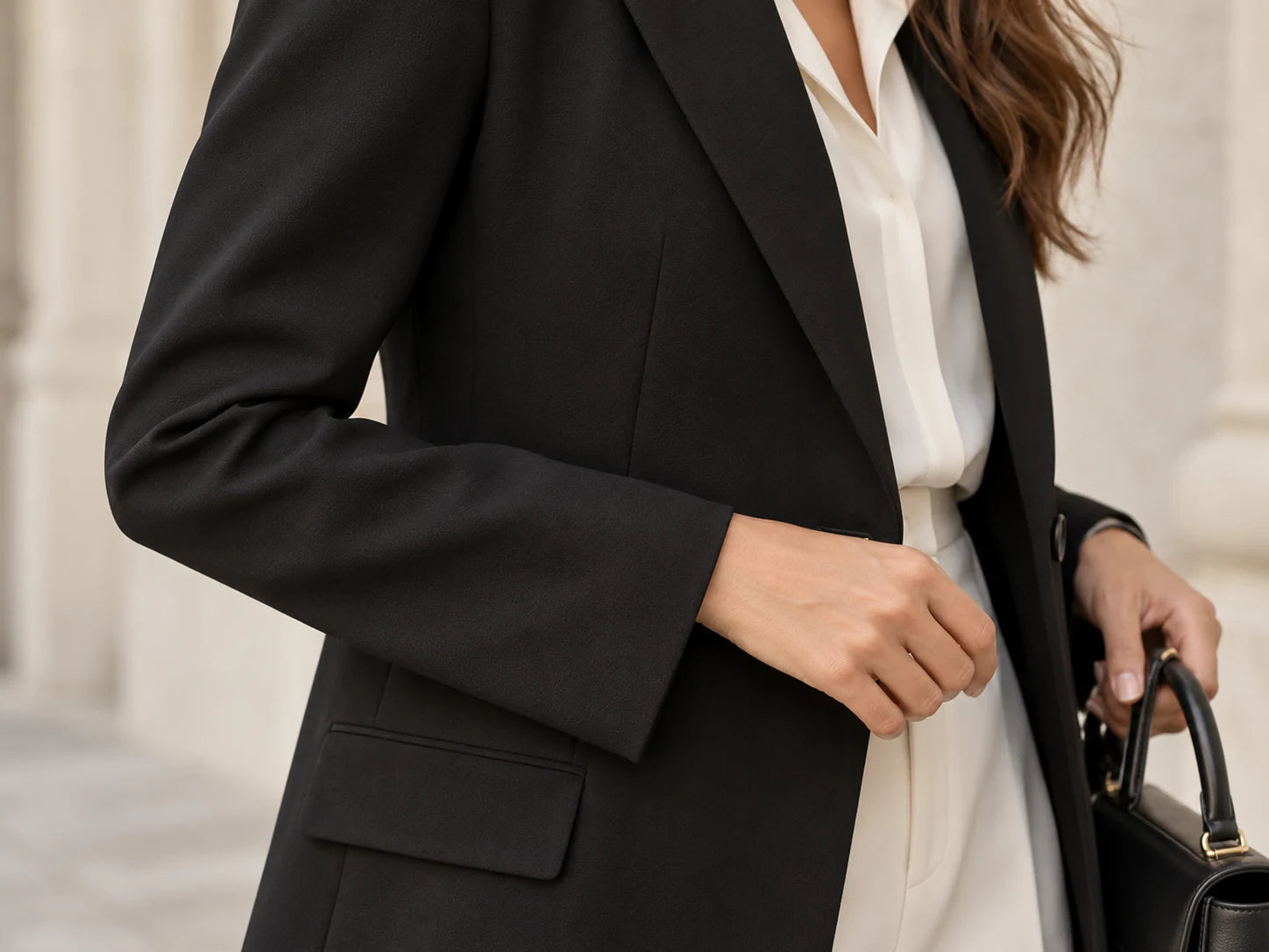 City Black Blazer, Black: Sleeve detail; AI design preview, not verified merchandise evidence