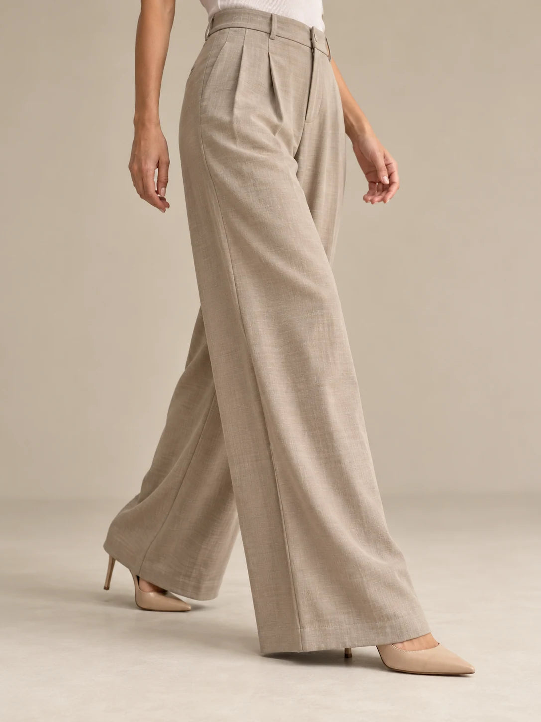 Taupe Wide Leg Trousers, Sand taupe: Leg line; AI design preview, not verified merchandise evidence