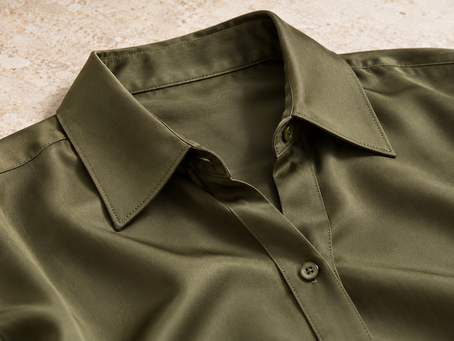 Satin Shirt, Olive: Collar detail; AI-generated design preview, not verified product photography