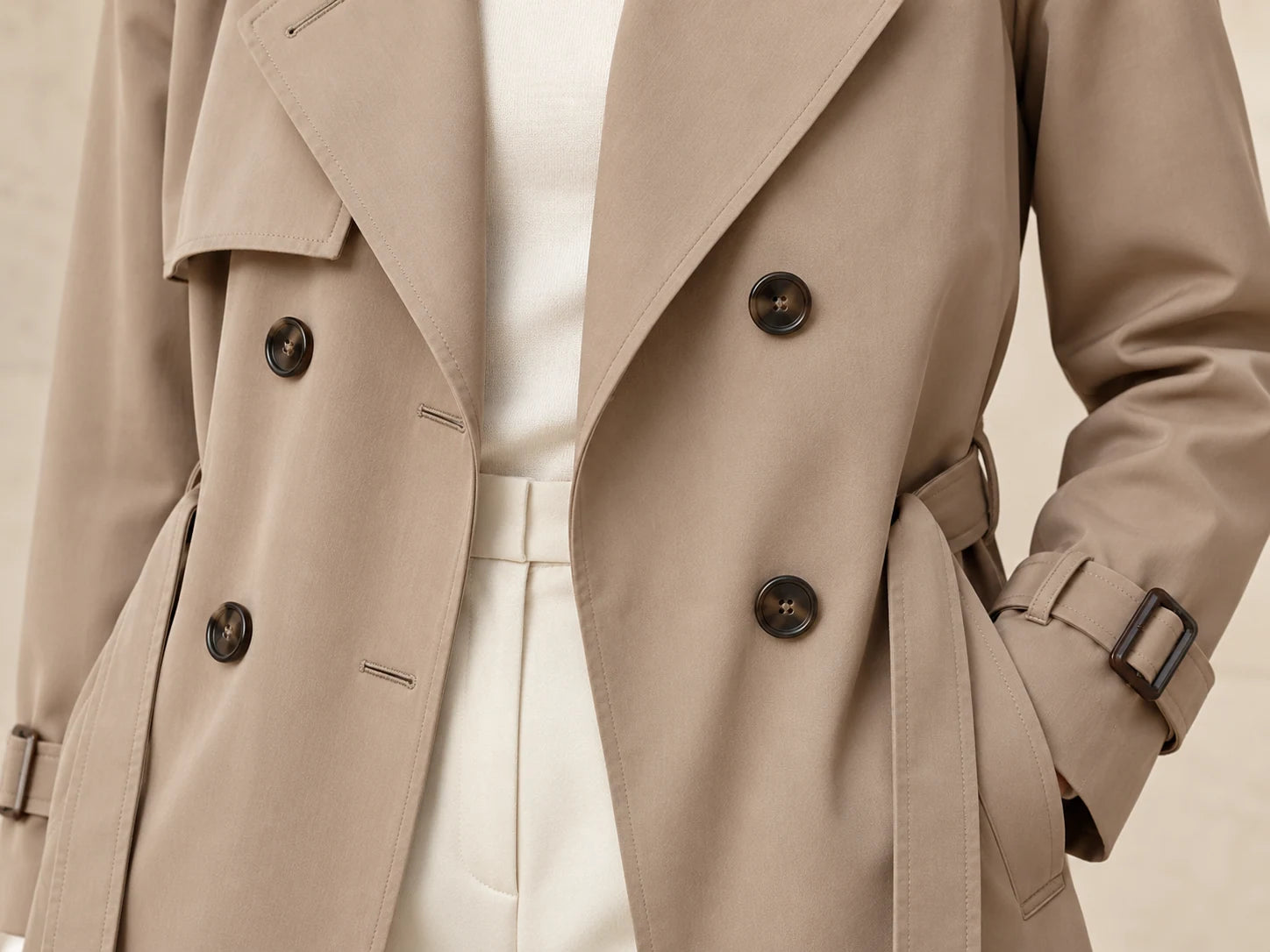 Belted Trench Coat, Taupe beige: Fastening concept; AI design preview, not verified merchandise evidence