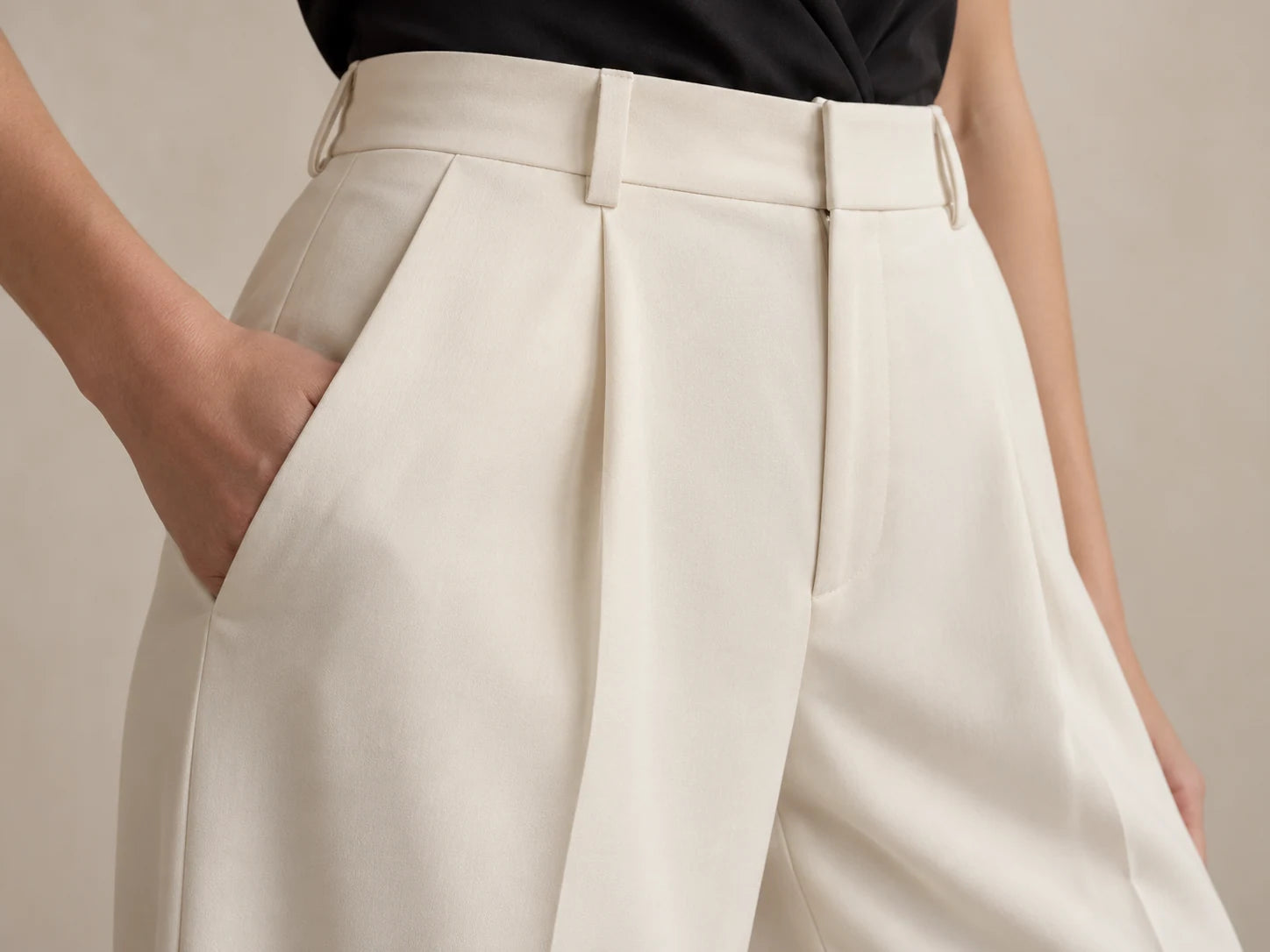 Wide Leg Trousers, Ivory: Waistband detail; AI design preview, not verified merchandise evidence