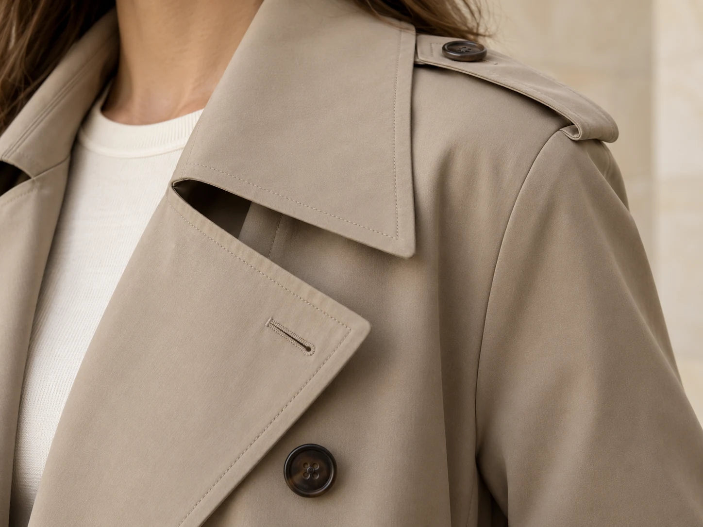 Belted Trench Coat, Taupe beige: Lapel detail; AI design preview, not verified merchandise evidence