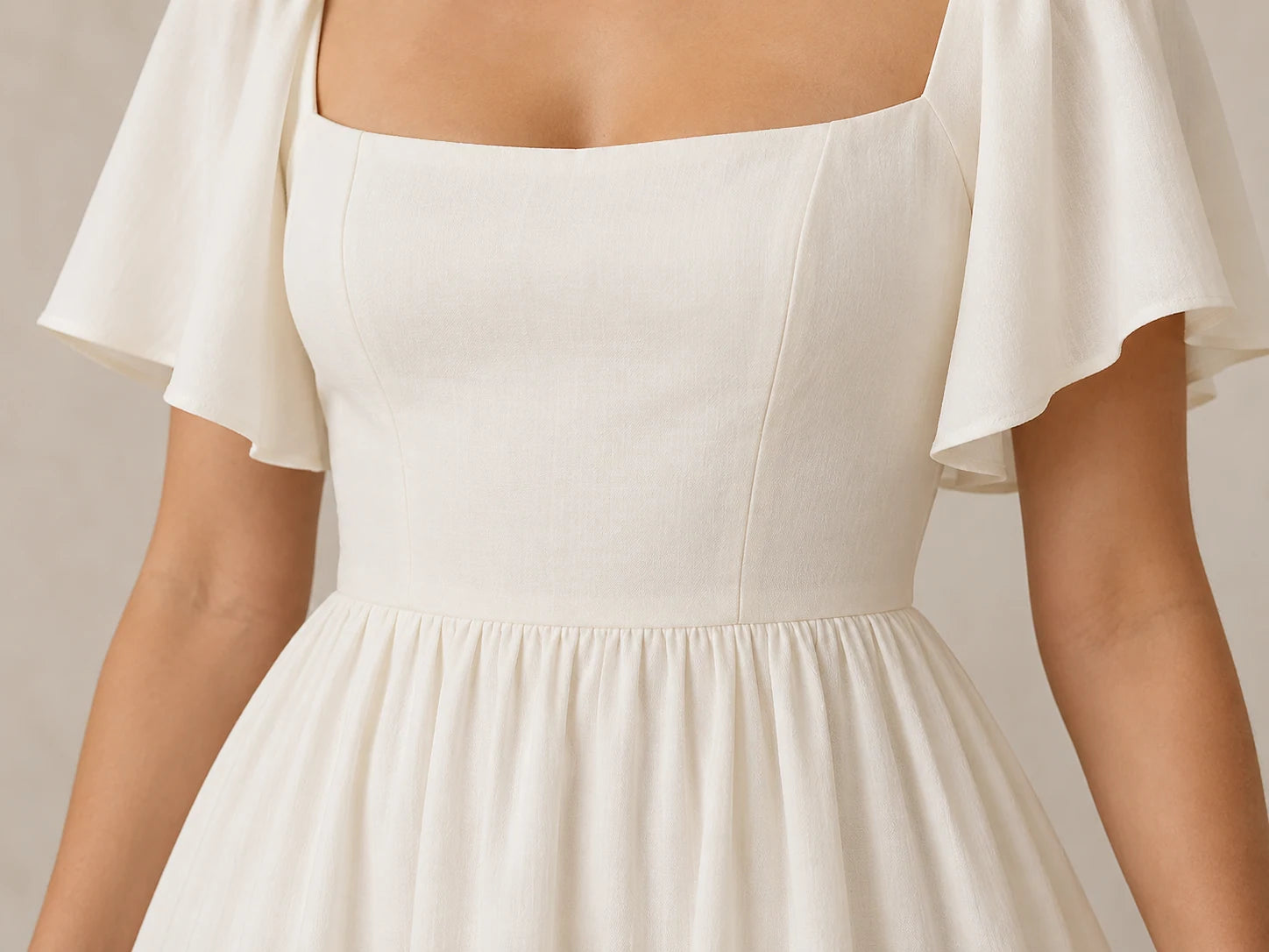 Ivory Square Neck Dress, Ivory: Bodice detail; AI design preview, not verified merchandise evidence
