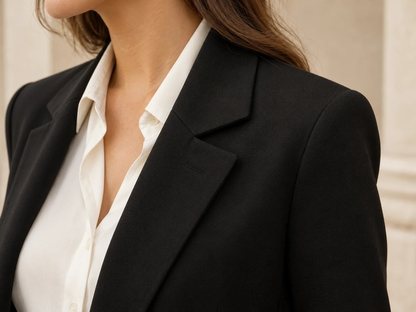 City Black Blazer, Black: Lapel detail; AI design preview, not verified merchandise evidence