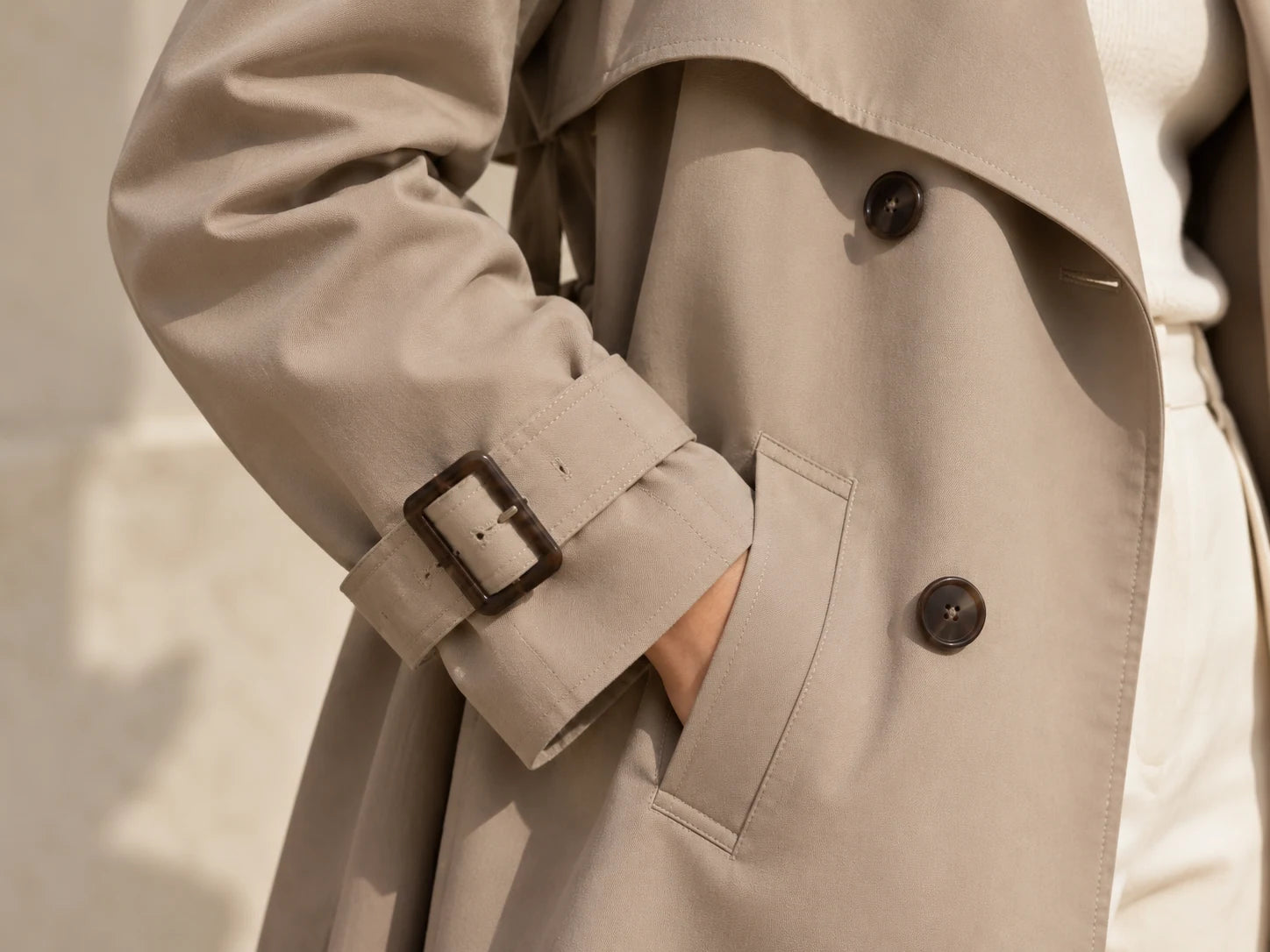 Belted Trench Coat, Taupe beige: Sleeve detail; AI design preview, not verified merchandise evidence