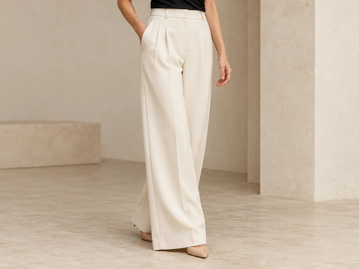 Wide Leg Trousers, Ivory: Hem detail; AI design preview, not verified merchandise evidence