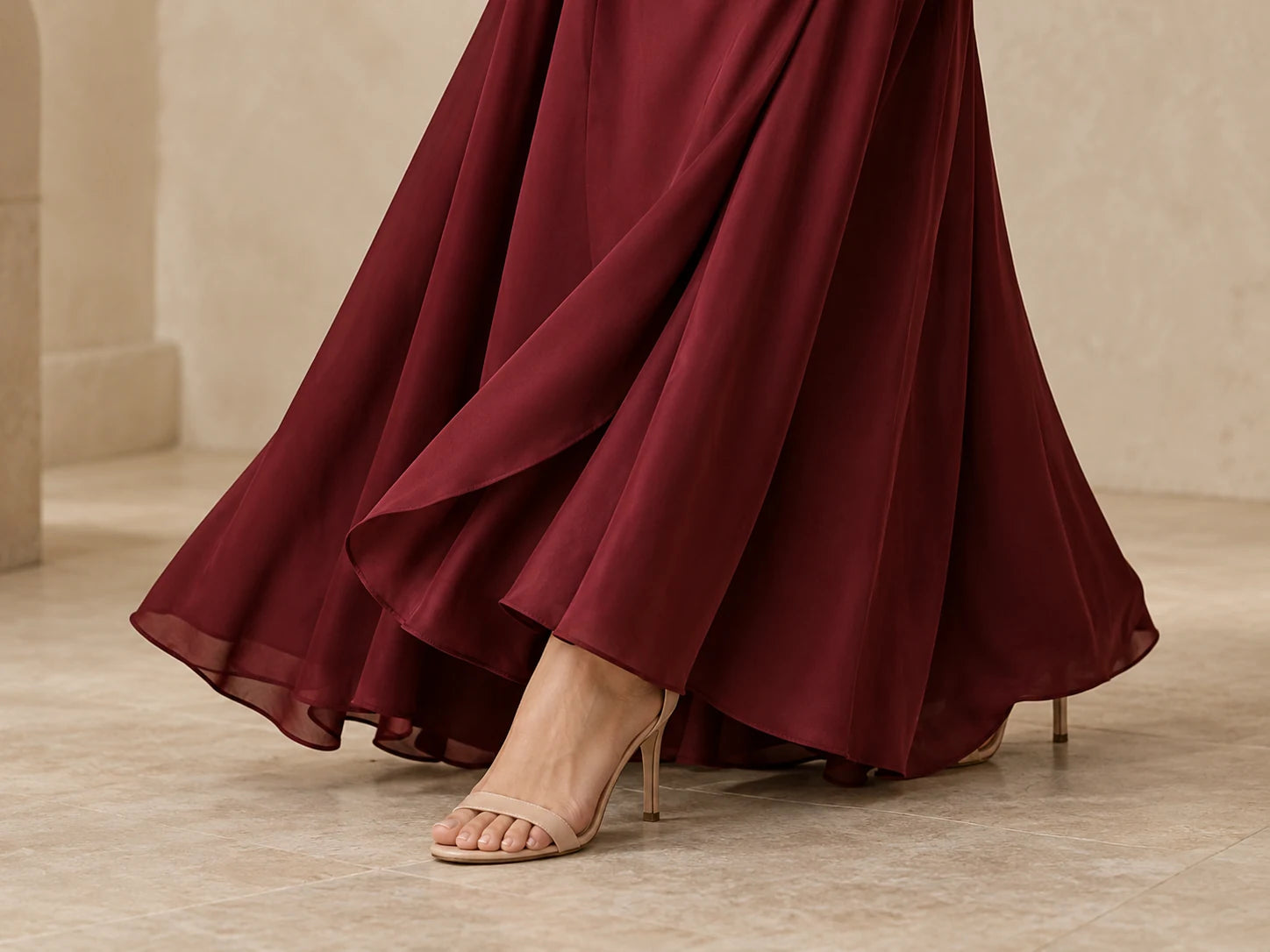 Draped Occasion Dress, Burgundy: Hem detail; AI design preview, not verified merchandise evidence