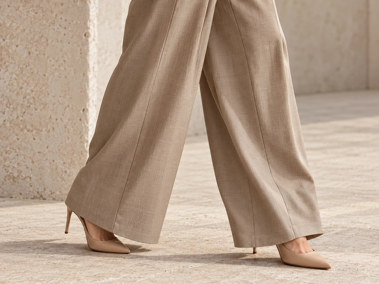 Taupe Wide Leg Trousers, Sand taupe: Hem detail; AI design preview, not verified merchandise evidence