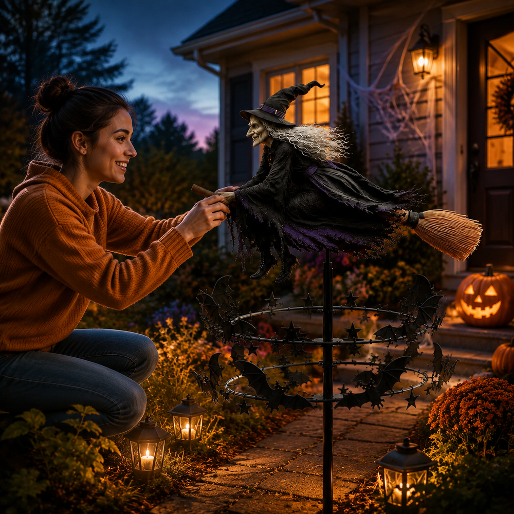 Witch garden wind spinner in a Halloween porch display