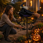 Person adjusting the witch garden wind spinner outdoors