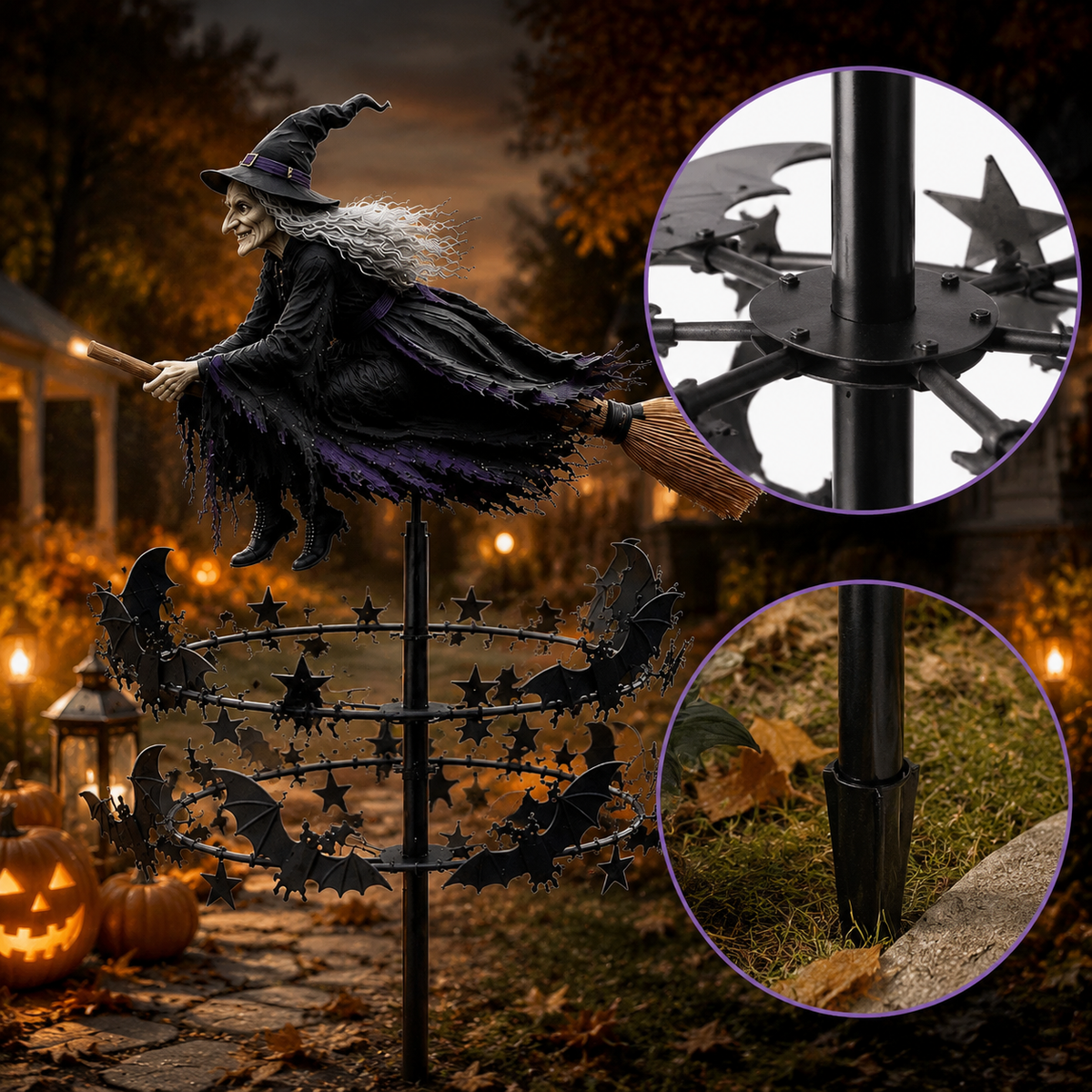 Witch wind spinner center hub and ground stake details