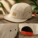 Khaki duckbill cap brim, eyelet and snapback details