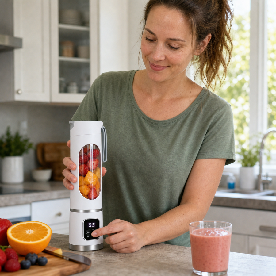 Portable blender with fruit and smoothie on a light background