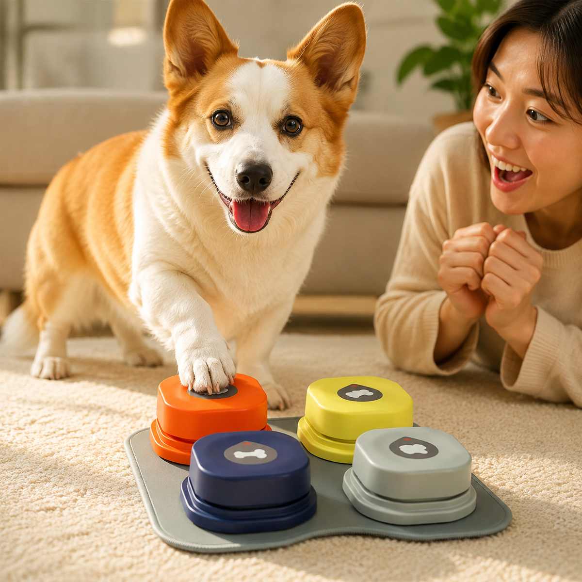 Dog beside four recordable pet communication buttons