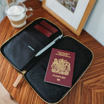 Open passport organiser on a travel desk