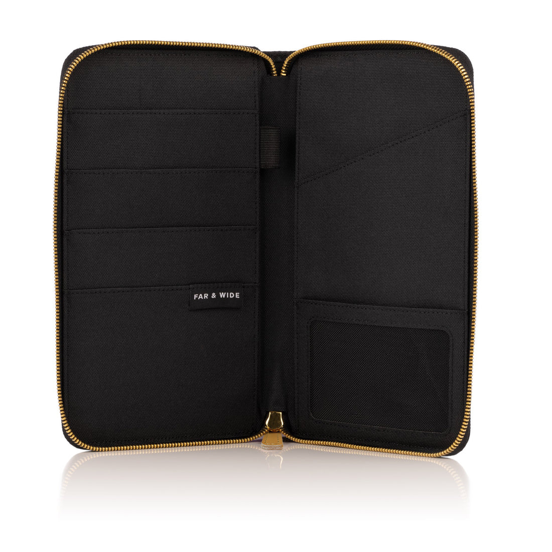 Open family passport holder showing document pockets