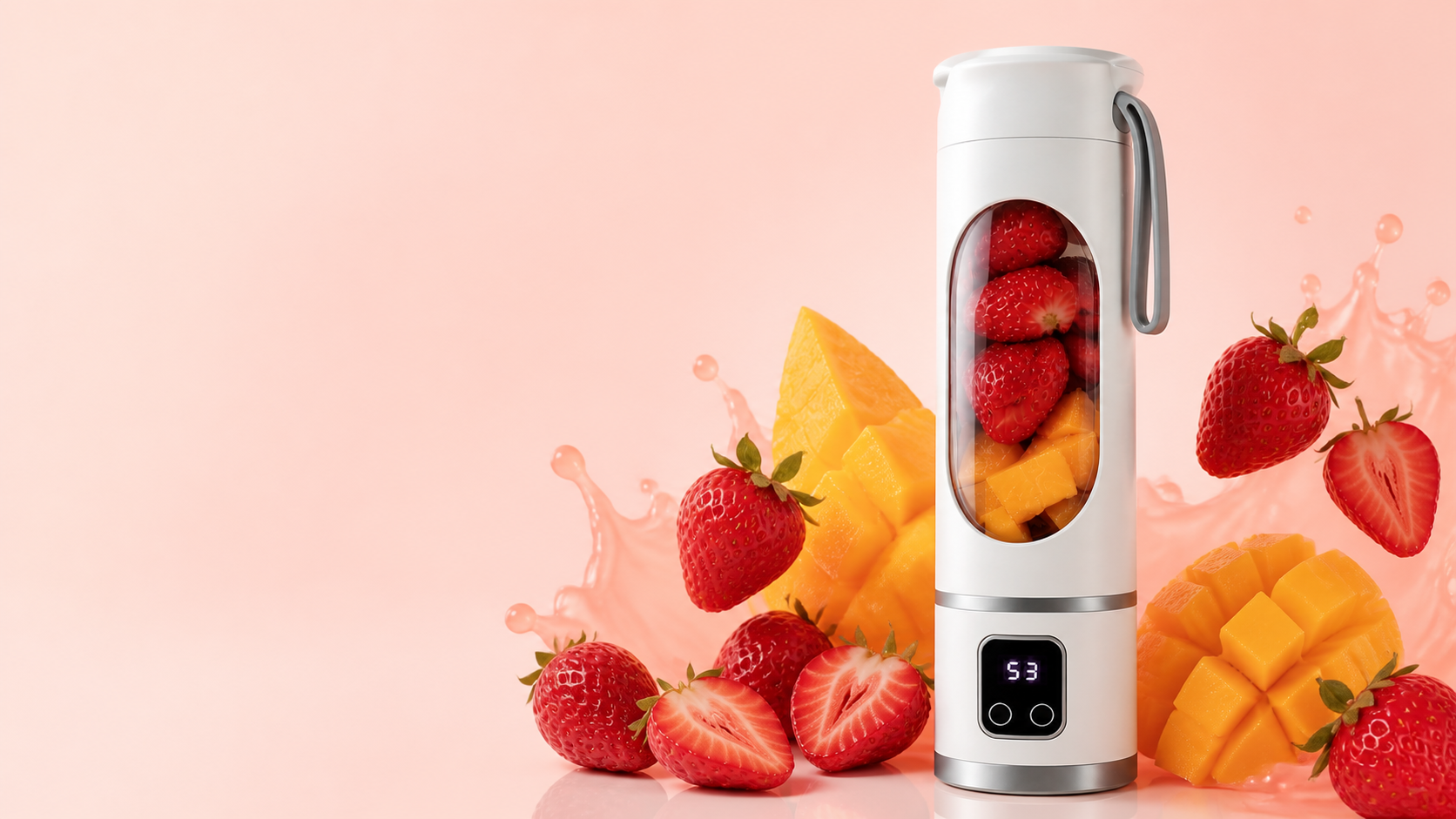 Portable blender surrounded by strawberries and mango on a peach background