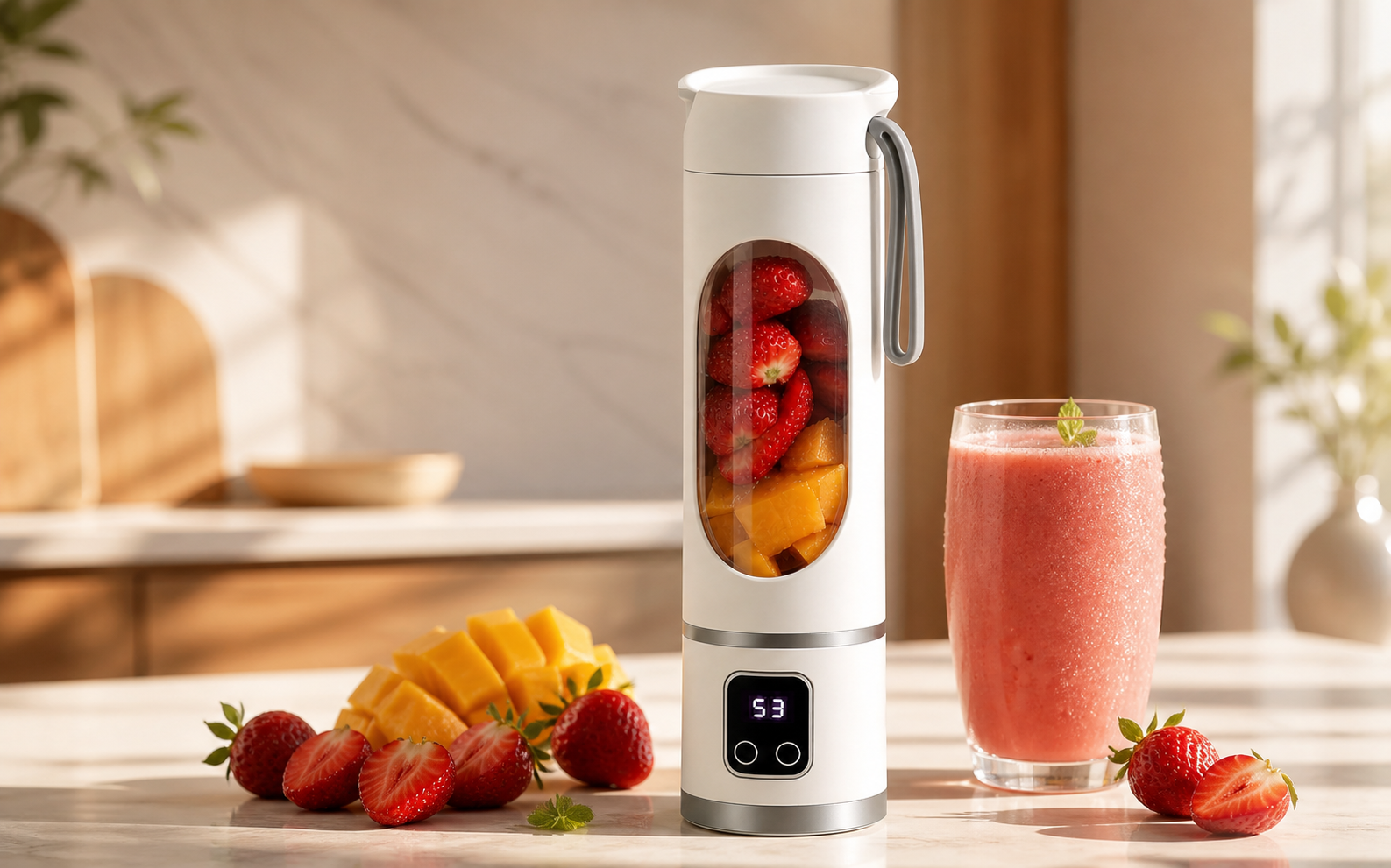 Portable blender with strawberries, mango and a finished smoothie