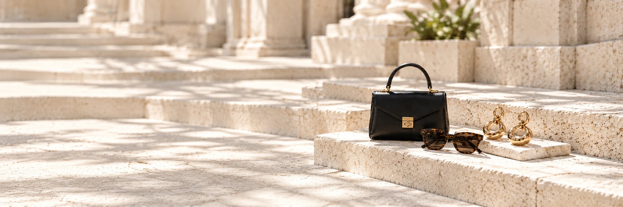 Black handbag, tortoiseshell eyewear and gold earrings on sunlit stone